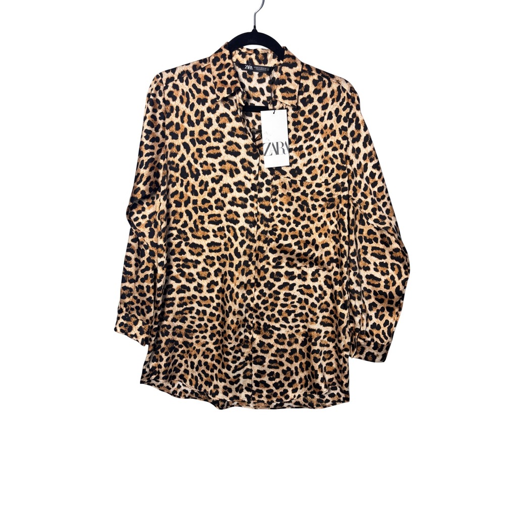 Zara Womens Button Down Shirt XS Tan Leopard Print Satin Long Sleeve Mob Wife
